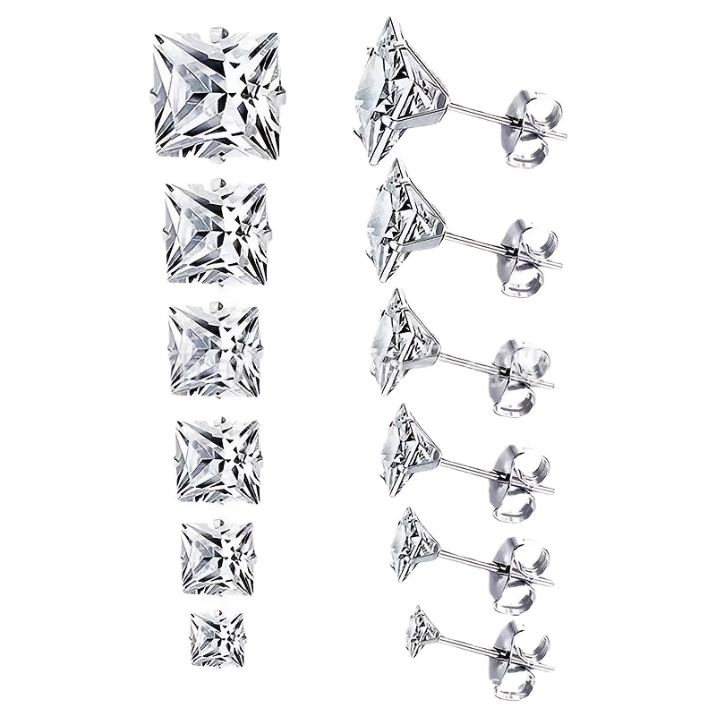 2pcs Stainless Steel Square Synthetic Zircon Stud Earrings
